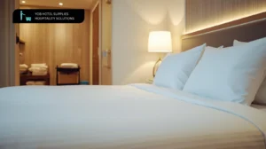 Spotless hotel room with neatly arranged linens and housekeeping equipment for efficient cleaning.