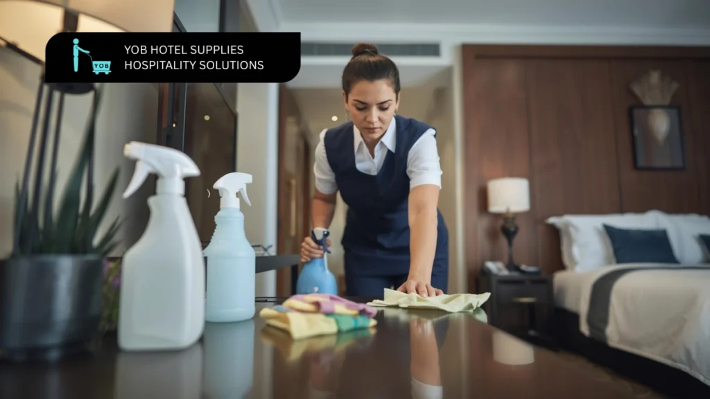 Housekeeper using essential cleaning products for housekeeping in a hotel room