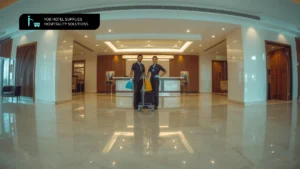 Indian housekeeping staff holding cleaning chemicals for hotels in a sparkling hotel lobby