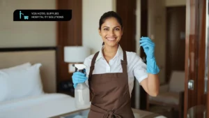 Indian hotel housekeeping staff holding a multi-surface cleaner in a sparkling hotel room