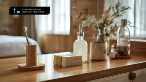Eco-Friendly Hotel Amenities including bamboo toothbrush, refillable dispensers, and natural toiletries in a modern hotel room